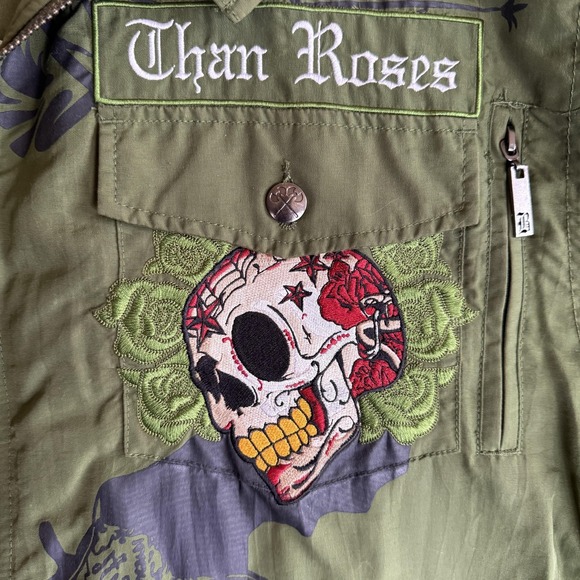 Canvas Bomber Jacket Mens 3XL Green Skull Guns Graphic Biker Goth - Picture 5 of 12